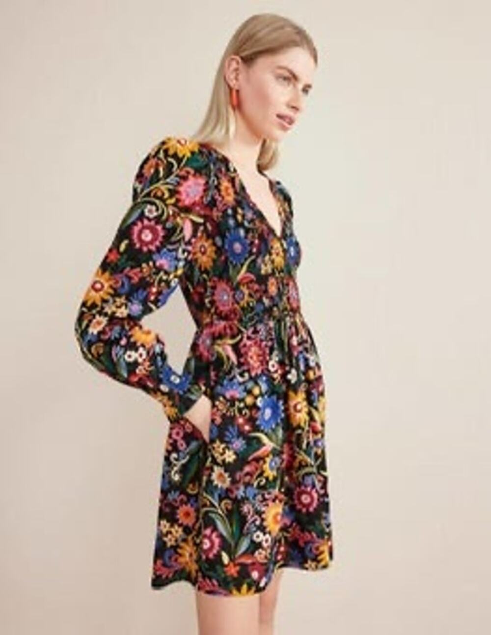 Boden Floral Smocked Cotton Mini Dress Long Sleeve Black Boho Size 12